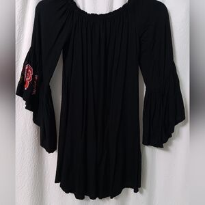 Feathers Black Mini Dress embroidery sleeves Size S
